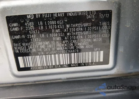 2013 Subaru Outback 2.5I Premium z USA, uszkodzony, nr VIN 4S4BRCCC9D3266879